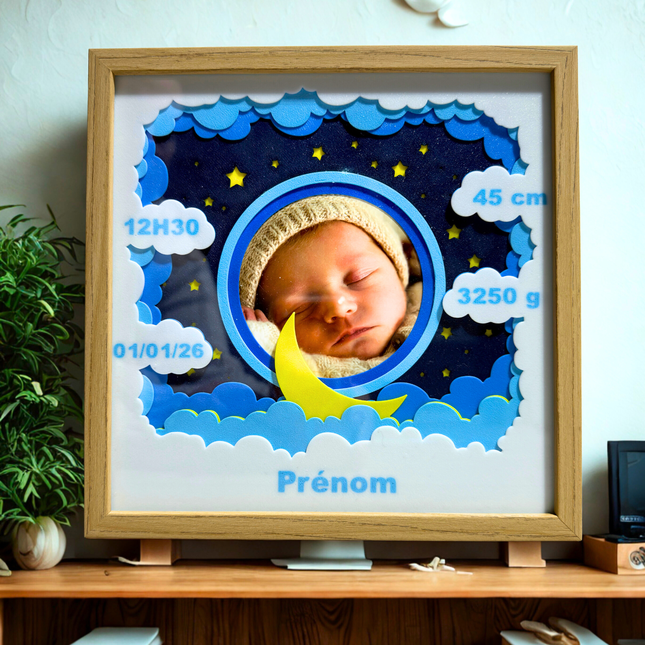 Cadre naissance personnalisé – Contenu 3D (thème nuit étoilée)